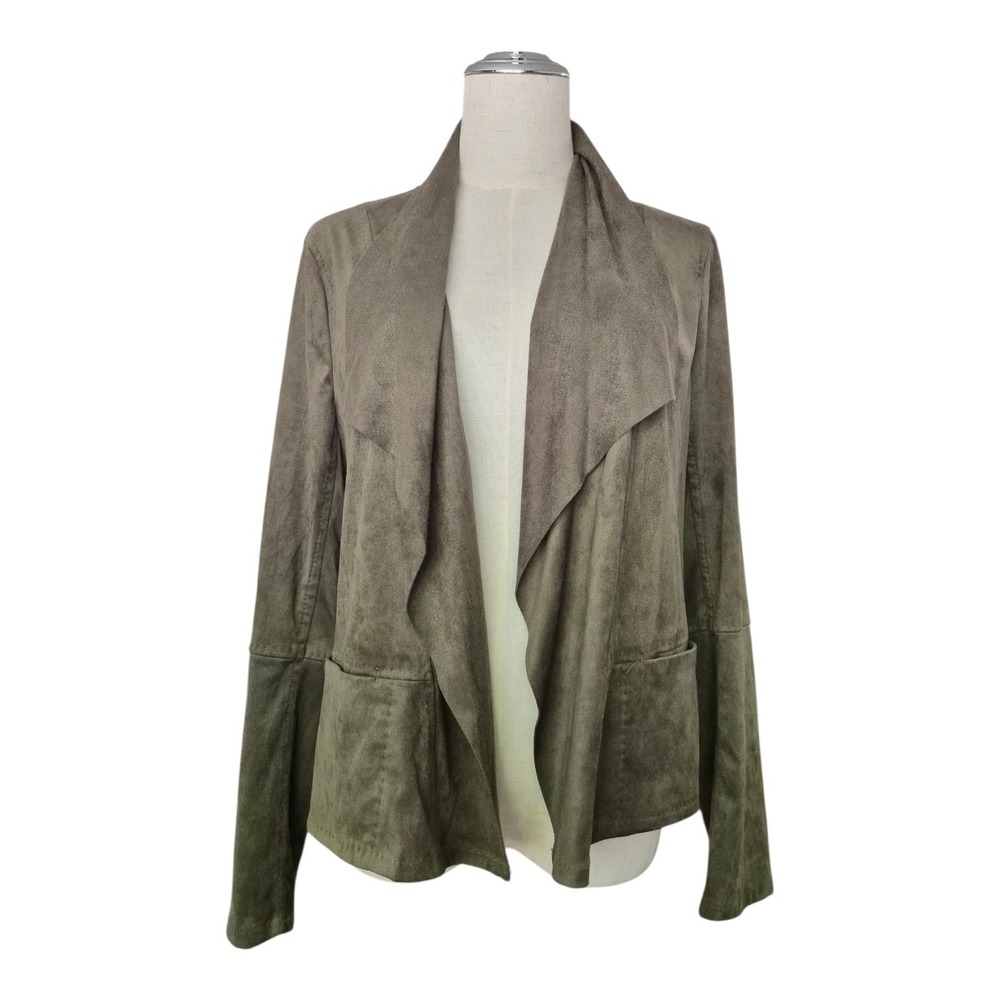 Max Studio London Faux Suede Draped Open Front Jacket Olive Green Medium NWT